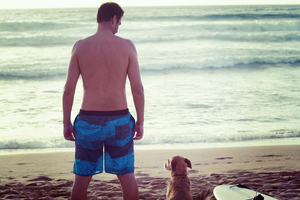 Surfeur et son chien sur la plage